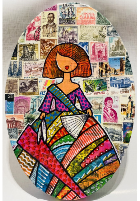 Cuadro oval en lienzo pintado a mano ¨Menina con fondo de sellos antiguos 30x20cm Pintura Acrílica. Artista: Ergueta