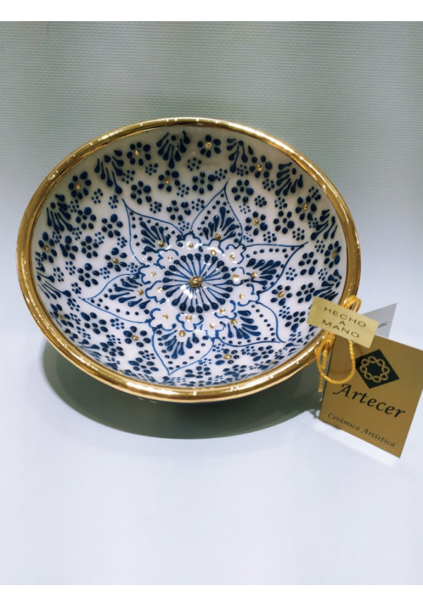  Cuenco 15 cm en Cerámica, decorado a mano en relieve  con Oro 24K. Piezas Certificadas.  Fabricado en España.
