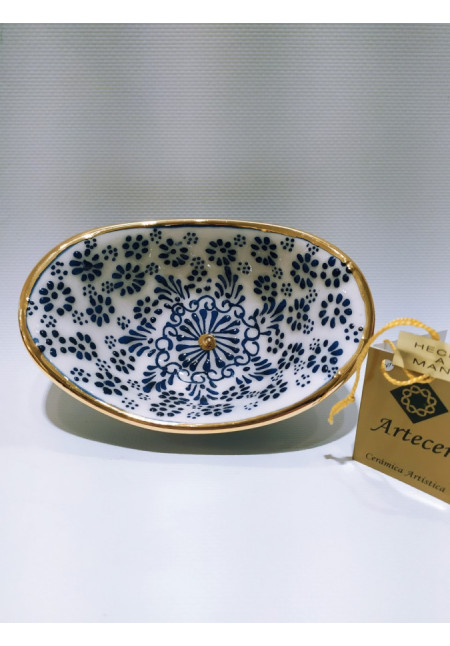  Ensaladera Ovalada 13x10 cm en Cerámica, decorado a mano en relieve  con Oro 24K. Piezas Certificadas.  Fabricado en España.