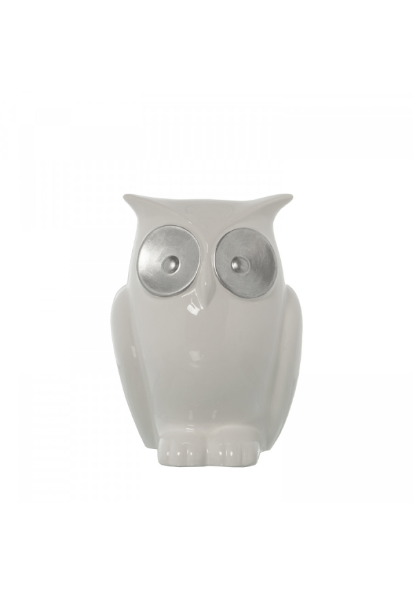 Figura Búho Cerámica Blanco-plata 15x13x22cm