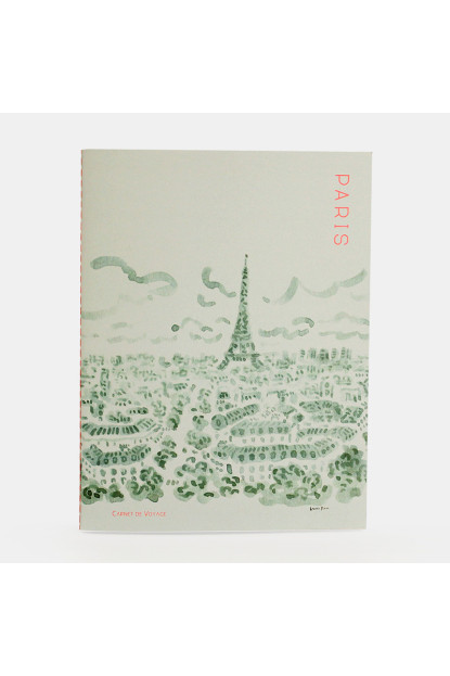 Cuaderno de viaje ilustrado PARIS. Hojas de diferentes tipos (liso, cuadros, rayas…) y decoradas con ilustraciones diferentes. 80 páginas de papel reciclado con Encuadernación de punto hecha a mano.
