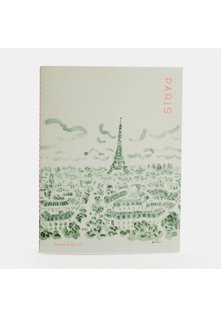 Cuaderno de viaje ilustrado PARIS. Hojas de diferentes tipos (liso, cuadros, rayas…) y decoradas con ilustraciones diferentes. 80 páginas de papel reciclado con Encuadernación de punto hecha a mano.