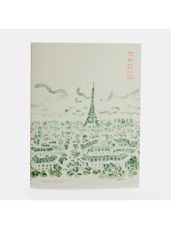 Cuaderno de viaje ilustrado PARIS. Hojas de diferentes tipos (liso, cuadros, rayas…) y decoradas con ilustraciones diferentes. 80 páginas de papel reciclado con Encuadernación de punto hecha a mano.