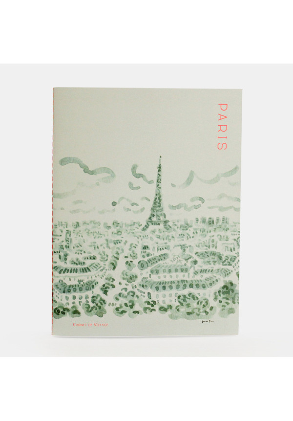 Cuaderno de viaje ilustrado PARIS. Hojas de diferentes tipos (liso, cuadros, rayas…) y decoradas con ilustraciones diferentes. 80 páginas de papel reciclado con Encuadernación de punto hecha a mano.