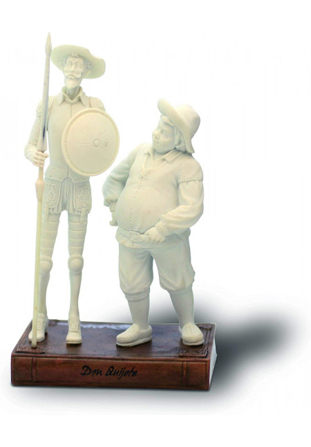 Escultura de Don Quijote y Sancho en blanco sobre libro