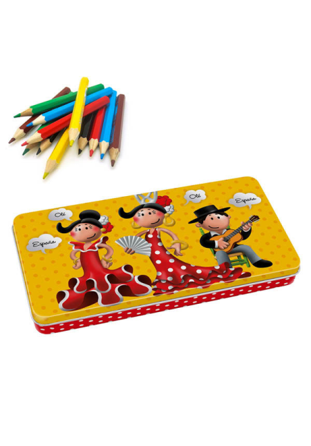Caja de Metal Plana Flamenquitos con 12 lápices.  