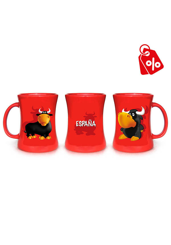 MUG ROJO RELIEVE 3D ESPAÑA TORITO LOZA 