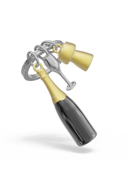 Llavero metálico con figura de botella de champagne