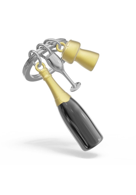 Llavero metálico con figura de botella de champagne