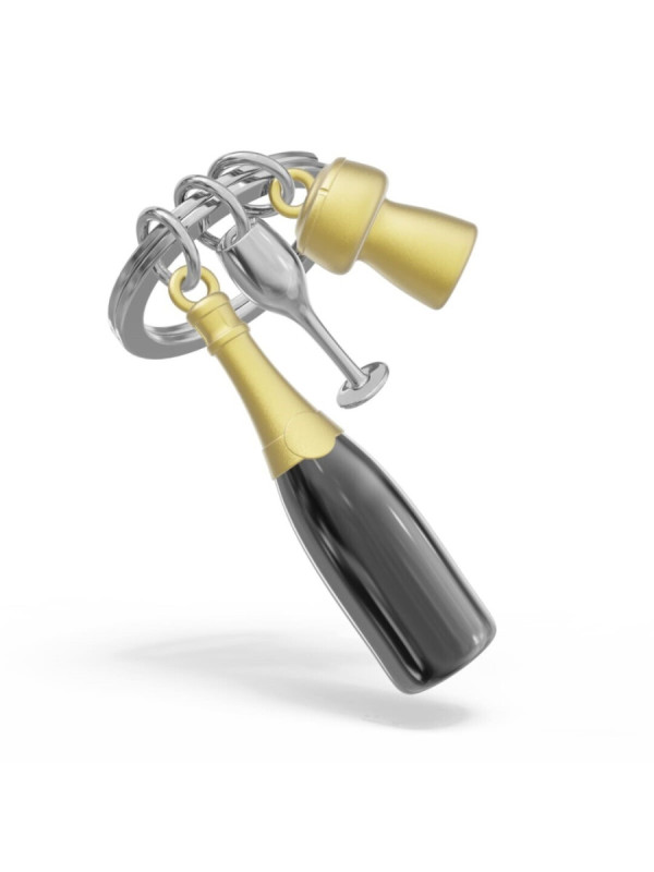 Llavero metálico con figura de botella de champagne