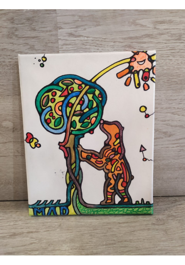 Cuadro en lienzo pintado a mano " Oso y Madroño" 20x25 cm. Pintura Acrílica.