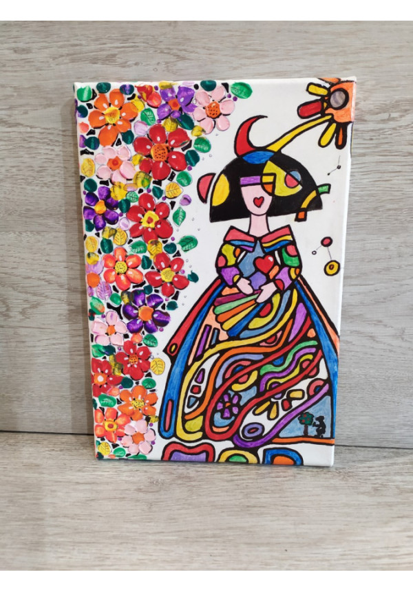 Cuadro en lienzo pintado a mano " Menina flores  " 20x30 cm. Pintura Acrílica.