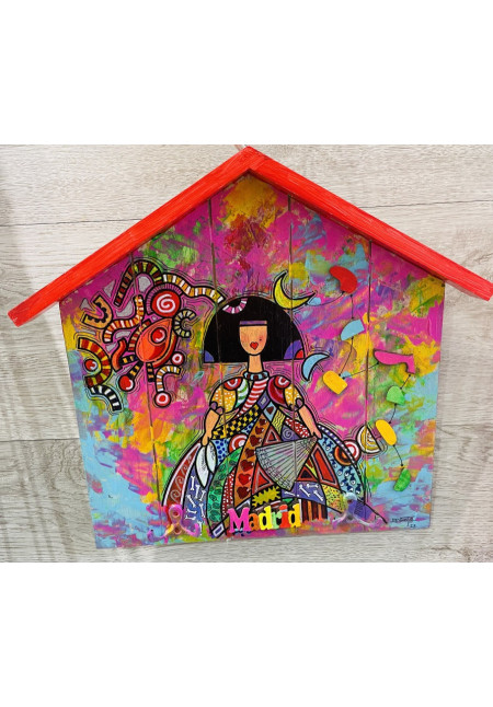 Fachada de madera pintada a mano con Menina. Para colgar. Obra original Ergueta 