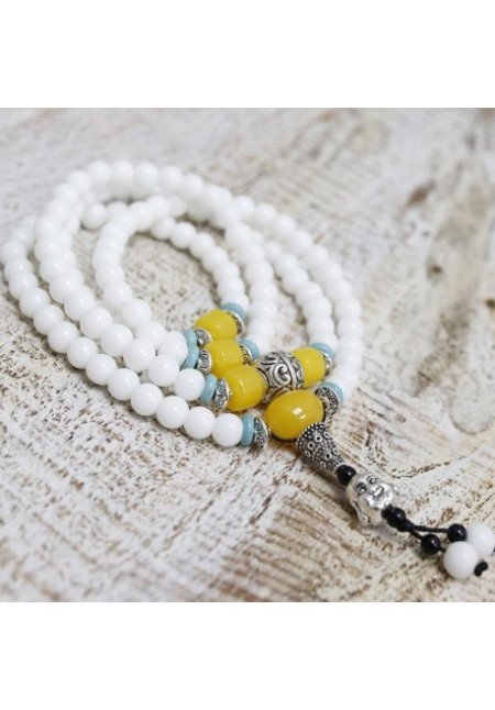 Mala budista de piedra natural de cuarzo blanco con 108 cuentas